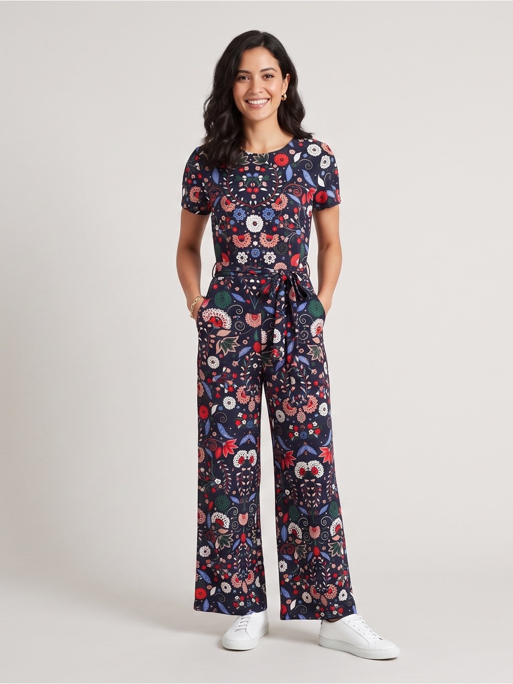 Boden Navy Floral Wide-Leg Jumpsuit with Tie Waist and Pockets Size 4 Tall